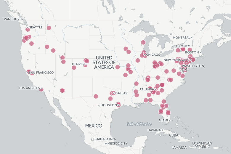 Map showing reported 2016 clown sightings across the United States